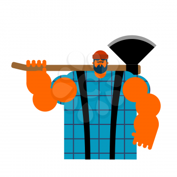 Lumberjack strong isolated. Woodcutter and axe. Big lumberman. feller with beard and axes.
