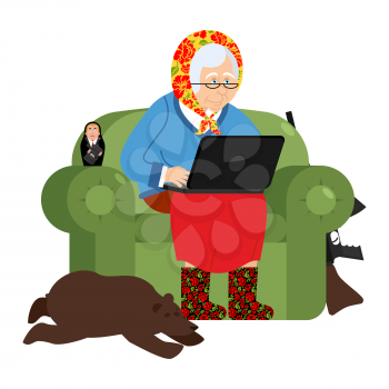 Russian hacker Grandmother and laptop. old woman in an armchair with bear. grandma from Russia in felt boots. Traditional national clothes

