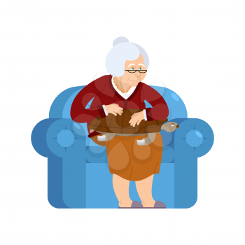 Grandmother and Turtle pet sitting on chair. grandma and tortoise. old woman and animal amphibian. gammer and Beast
