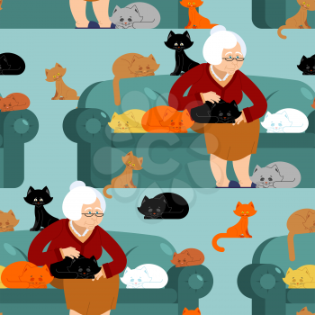 Cat lady pattern. Grandmother and cat sitting on chair pattern. granny ornament . grandma and pet background. old woman and animal. gammer and Beast texture
