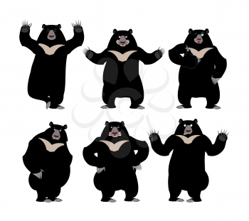Himalayan bear set Emotion and posture. Cheerful and angry wild animal emoji. Sad Black big beast. Yoga and Surprise
