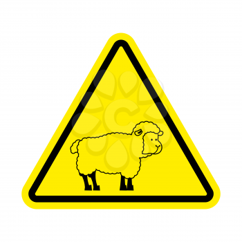 Attention of sheep. Caution farm is an animal. Yellow prohibitory road sign. Ban ewe
