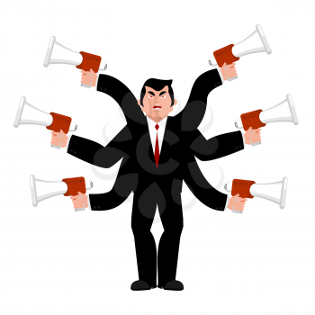 Boss and megaphone. Businessman and lots of hands. Director scolds through bullhorn. Give orders and instructions. Chief is wicked. Vector illustration
