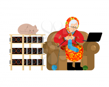 Mining in Russian. grandmother and mining farm. Cryptocurrency at home. Granny Extraction of virtual money. Vector illustration