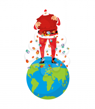 Santa Claus on Earth. Christmas on planet. Big red bag and many gifts. Xmas Vector Illustration