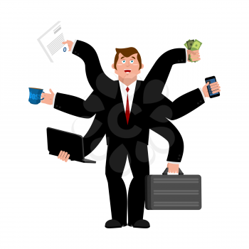Businessman and lots of hands. Performing many tasks.  Lot of work. Vector illustration
