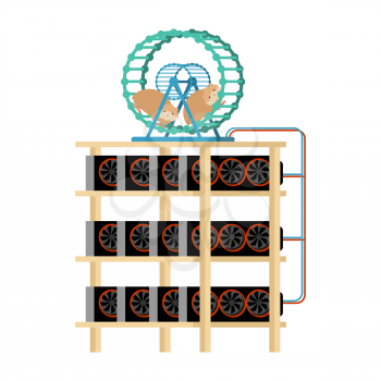 Mining farm and hamster in wheel produces electricity. Home Mining rig. Crypto currency at home. Extraction of virtual money. Vector illustration