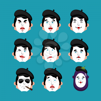 Mime face set. sleeping and evil emotion avatar. bewildered and sad pantomime emoji. mimic fear and happy icon. serious and winks. Vector illustration
