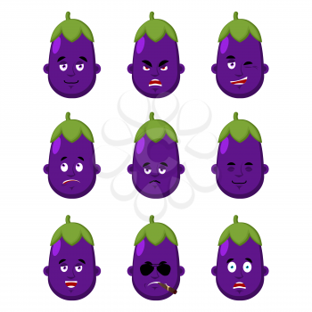 Eggplant face set. sleeping and evil emotion avatar. bewildered and sad emoji.  Purple Vegetable fear and happy icon. serious and winks. Vector illustration