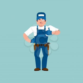 Plumber thumbs up. Fitter winks emoji. Service worker Serviceman cheerful. Vector illustration
