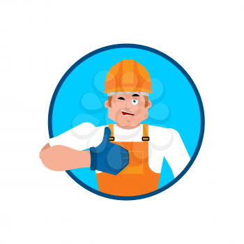 Builder thumbs up. Worker in protective helmet winks emoji. Service worker Serviceman cheerful. Vector illustration
