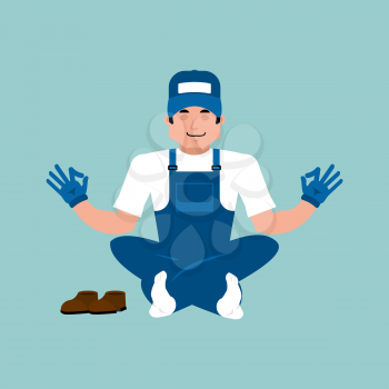 Plumber yoga. Fitter yogi. Service worker Serviceman relaxation and meditation. Vector illustration
