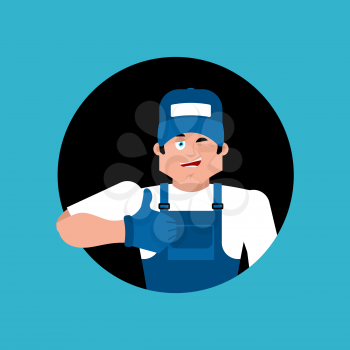 Plumber thumbs up. Fitter winks emoji. Service worker Serviceman cheerful. Vector illustration
