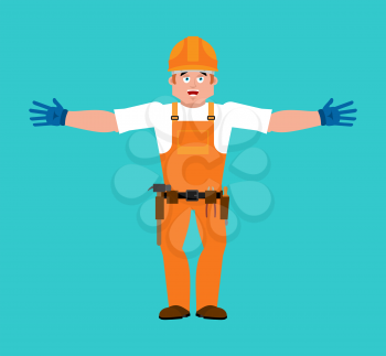 Builder happy. Worker in protective helmet merry. Service worker Serviceman cheerful. Vector illustration