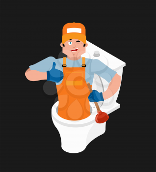 Plumber and toilet. Cleaning and maintenance of pan WC. Vector illustration
