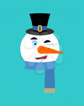 Snowman winking emotion avatar.  happy emoji face. New Year and Christmas vector illustration