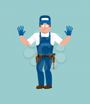 Plumber guilty oops. Fitter culpable. Service worker Serviceman apologize. Vector illustration
