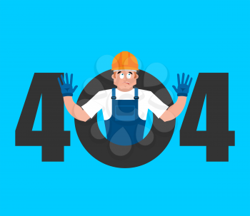 Error 404 Builder surprise. Page not found template for web site. Worker in protective helmet does not know and is surprised. Page lost and found message. problem disconnect