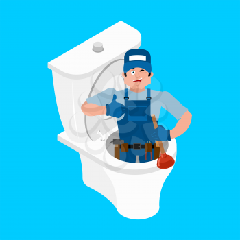 Plumber and toilet. Cleaning and maintenance of pan WC. Vector illustration
