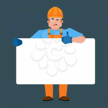 Builder holding banner blank. Worker in protective helmet and white blank. Serviceman joyful emotion. place for text. Vector illustration
