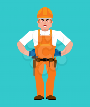 Builder angry. Worker in protective helmet evil. Service worker Serviceman aggressive. Vector illustration