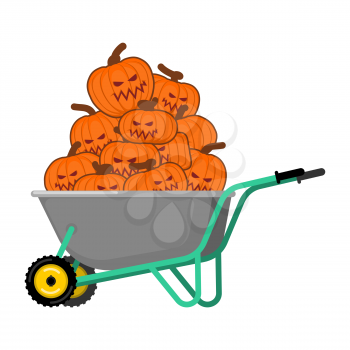 wheelbarrow Halloween. bunch of terrible pumpkins. Vintage pumpkin. Vector illustration
