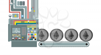 Mining farm. Miner for etherium. Technology Extraction of cryptocurrency. industry is web money. Vector illustration.
