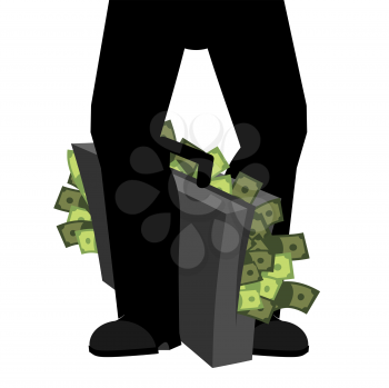 Suitcase of money and legs. To hide bribe. Case cash. Vector illustration
