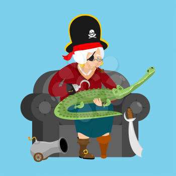 Grandmother pirate. Old buccaneer and crocodile. grandma on chair. Saber and cannon. Smoking pipe and wooden leg. Vector illustration
