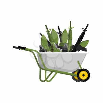 Wheelbarrow and weapons. ammunition in garden trolley. Vector Illustration
