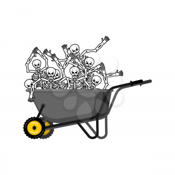 Wheelbarrow and sinners. skeleton in garden trolley. Vector Illustration
