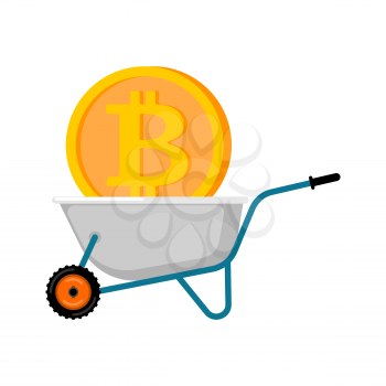 Wheelbarrow and bitcoin. Cryptocurrency in garden trolley. Virtual Cash. Vector Illustration
