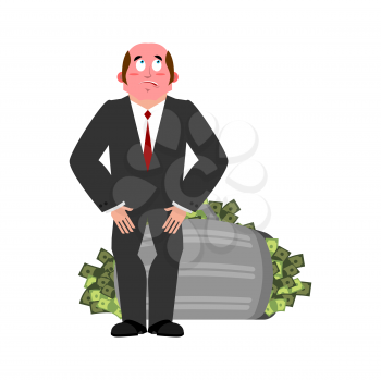 Bribe taker and suitcase of money. Shame boss. Fie upon you! on businessman. Caught red-handed. Vector illustration
