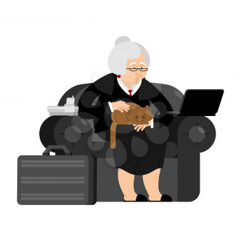 Old businesswoman. Business grandmother. Laptop and cat. Case and business suit. Workplace on chair. Vector illustration
