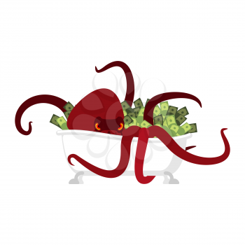 Octopus in bath and money. devilfish protects treasure cash. Vector illustration
