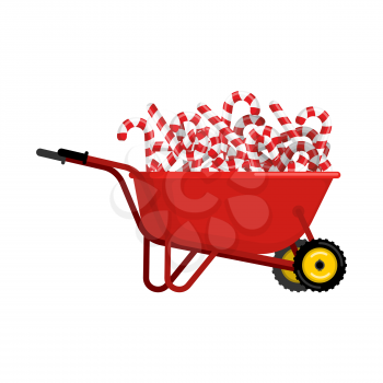 Santa Claus Wheelbarrow and peppermint lollipop. Xmas mint stick in grounds trolley. Christmas and new year. Vector illustration 