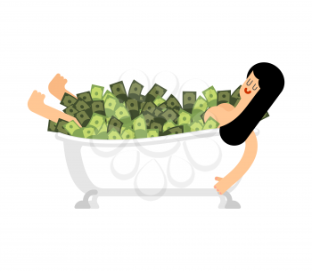 Girl in bathtub of money. Woman in Bath full cash. Vector illustration
