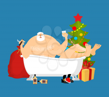 Santa Claus relaxes in bath. New Year and Christmas vector illustration
