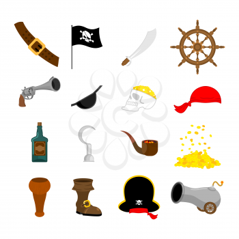 Pirate set icon. Flag and saber. piratical hat and wooden leg. Eye patch and rum. Pistol and helm. skull and cannon. Vector illustration
