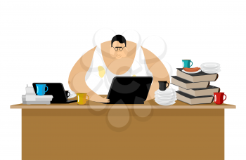 Freelancer at work. Clutter and computer. Remote job. Working home. Vector illustration
