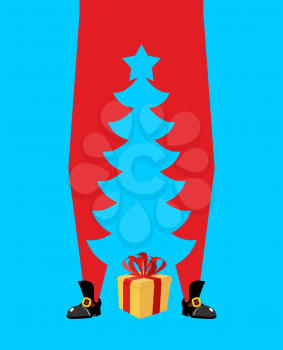 Santa Claus and Christmas tree. high Santa and silhouette of spruce between his legs. New Year illustration. Christmas vector
