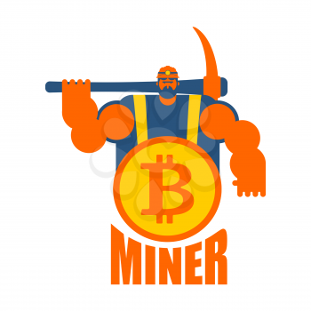 Miner logo. Mining Bitcoin Crypto Currencies. Worker with pickaxe. Vector illustration
