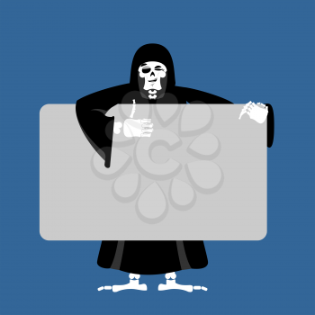 Grim reaper holding banner blank. death and white blank. skeleton in black cloak joyful emotion. Monster and place for text. Vector illustration

