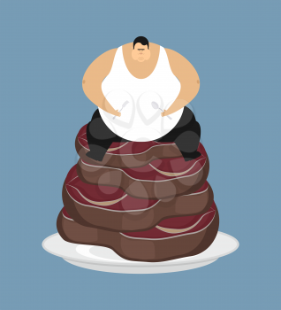 Fat guy and steak. Glutton Thick man and piece of meat. fatso vector illustration