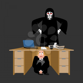 Businessman scared under table of Grim Reaper. frightened business man under work board. does not want to die. Boss fear office desk. To hide from death. Vector illustration