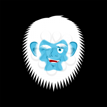 Yeti winks emoji. Abominable snowman cheerful avatar. Bigfoot joyful emotion face. Vector illustration