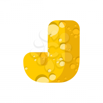 Letter J cheese font. Symbol of cheesy alphabet. Dairy Food type sign. Vector illustration
