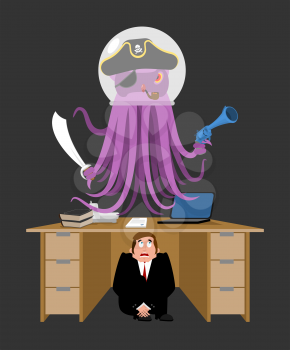 Businessman scared under table of Alien Invader. frightened business man under work board. Space pirate Octopus. Boss fear office desk. To hide from cosmic monster. Vector illustration