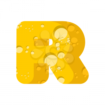 Letter R cheese font. Symbol of cheesy alphabet. Dairy Food type sign. Vector illustration

