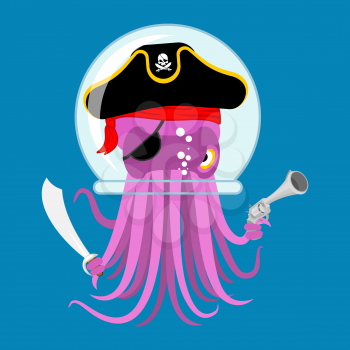 Alien intruders Space pirate Octopus. cosmic monster Invader. poulpe in astronaut  helmet. devilfish  in pirate hat. Saber and gun. Vector illustration
